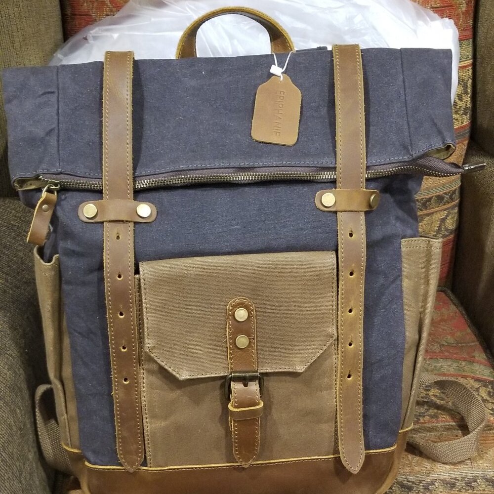 Brand New Epiphanie Waxed Canvas & Leather Backpack w/ Camera insert